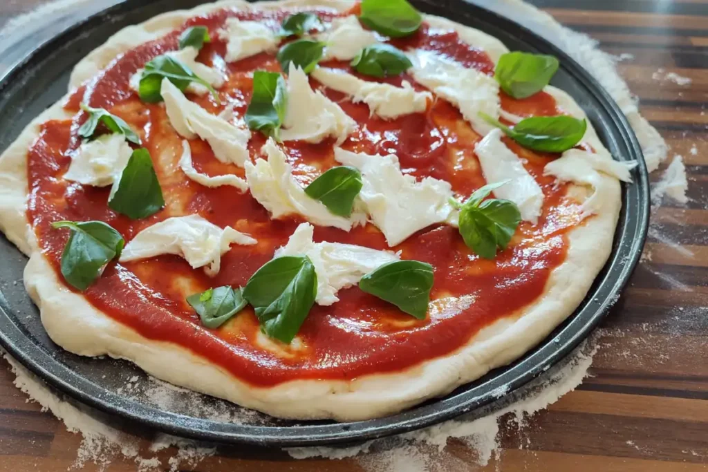 Frisch gebackene Original Pizza Napoletana mit charakteristischem Leopardenmuster auf dem luftigen Rand.